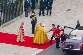 LONDON, UNITED KINGDOM - 2011/04/29: Queen Elizabeth II and Prince Philip arriving at Westminster Abbey to attend wedding of their grandson His Royal Highness Prince William of Wales and Miss Catherine Middleton (Kate). (Photo by Pawel Libera/LightRocket via Getty Images)