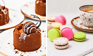 The photo to the left shows a small chocolate cake. The picture to the right, shows macaroons in green, pink, and white colors, with a cup of coffee.