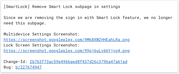 Remover a subpágina de configurações do Smart Lock Gerrit commit