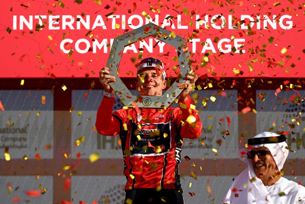 Remco Evenepoel (Soudal-QuickStep) celebrates as the 2023 UAE Tour overall winner