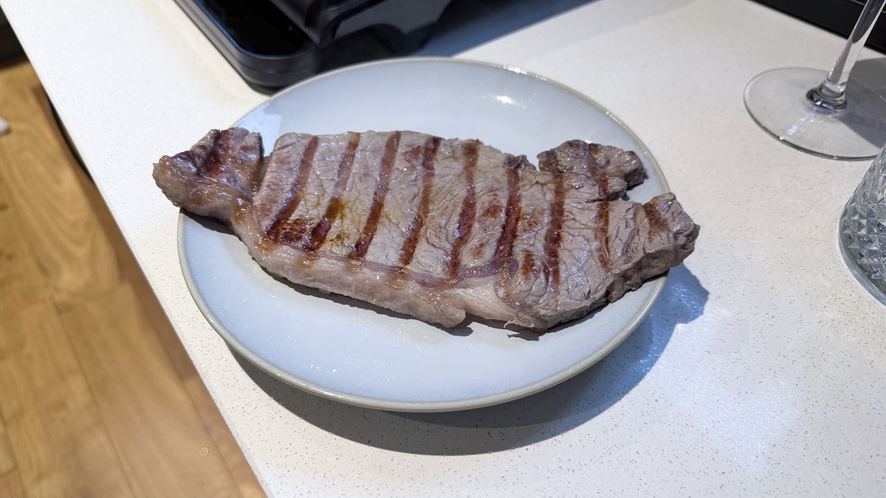 A steak that was cooked on the George Foreman Grill