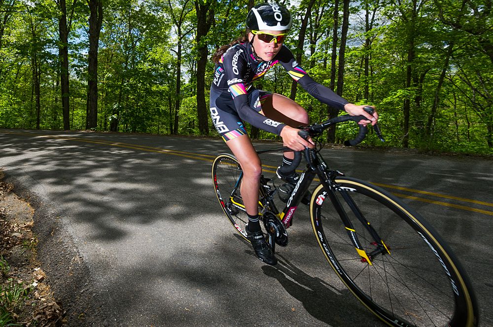A Visit Dallas Cycling DNA Pro Cycling (USA) makes her way up the switchback section of the course.