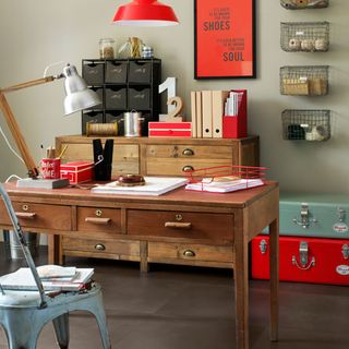 industrial chic home office with pops of colour