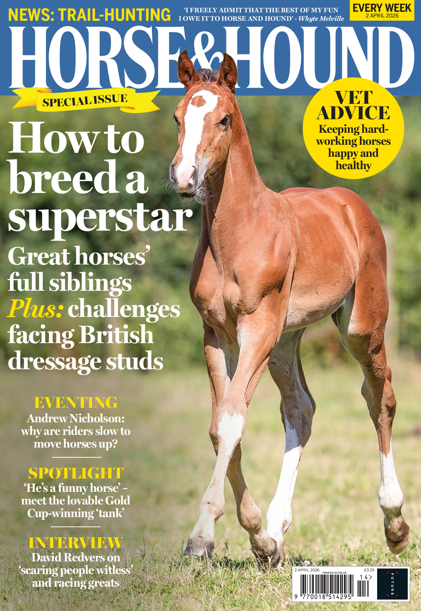 Cover of Horse &amp; Hound magazine on sale 2 April 2026 featuring an image of a chestnut foal trotting towards the camera