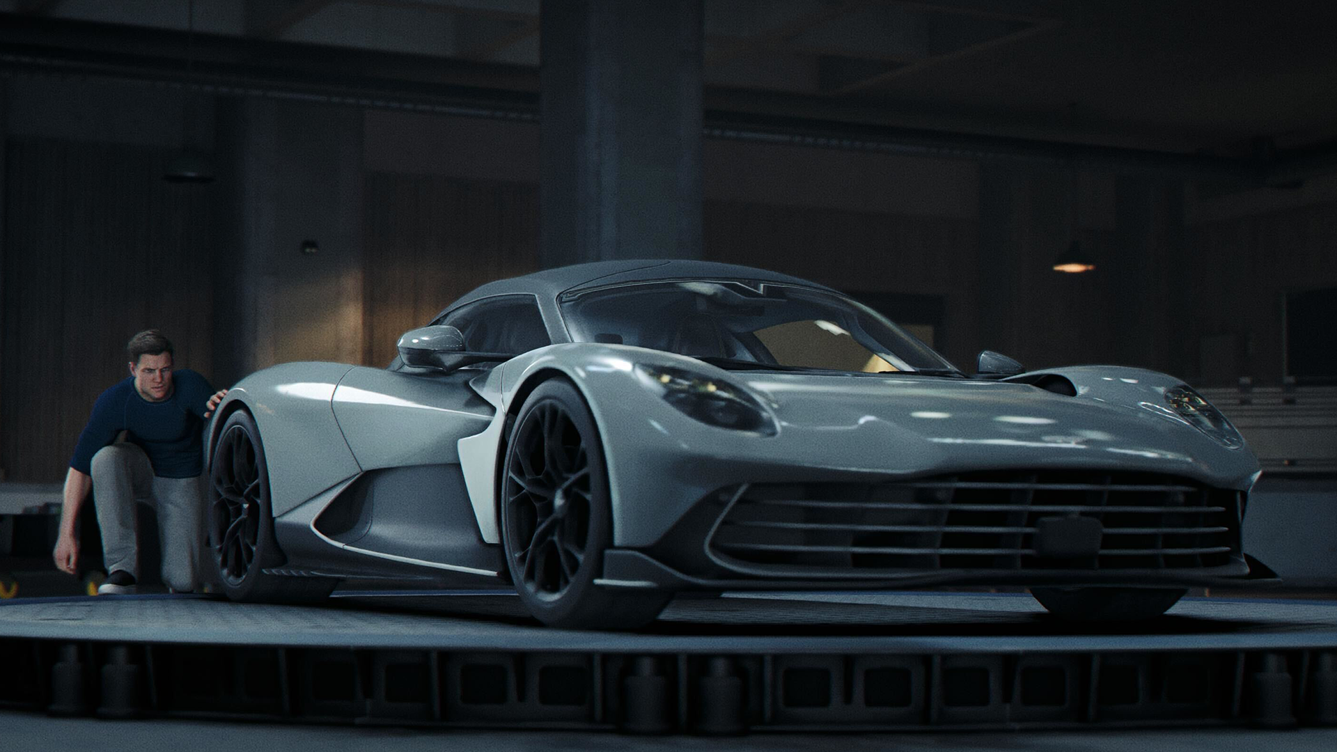 A screengrab from 007 First Light of a crouched James Bond beside the Aston Martin Valhalla