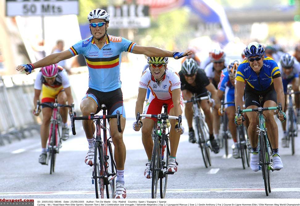 Boonen raises his arms in celebration