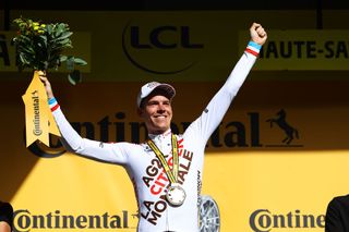 CHTEL LES PORTES DU SOLEIL FRANCE JULY 10 Bob Jungels of Luxembourg and AG2R Citren Team celebrates winning stage on the podium ceremony after the 109th Tour de France 2022 Stage 9 a 1929km stage from Aigle to Chtel les portes du Soleil 1299m TDF2022 WorldTour on July 10 2022 in Chtel les portes du Soleil France Photo by Michael SteeleGetty Images