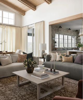 neutral farmhouse living room with vaulted ceiling and pops of soft color and pattern