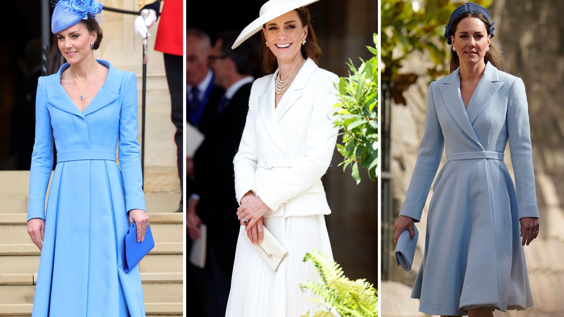 A composite of pictures of Kate Middleton wearing different dresses, one at the 2022 Order of the Garter service, another at the 2025 Order of the Garter service and another from Easter 2022