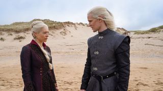 Princess Rhaenyra and Prince Daemon Targaryen discuss matters on a beach in House of the Dragon