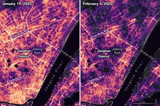 Night lights in Wuhan, China, show the difference in human activity between late January and early February 2020, when the COVID-19 coronavirus spread through the city.