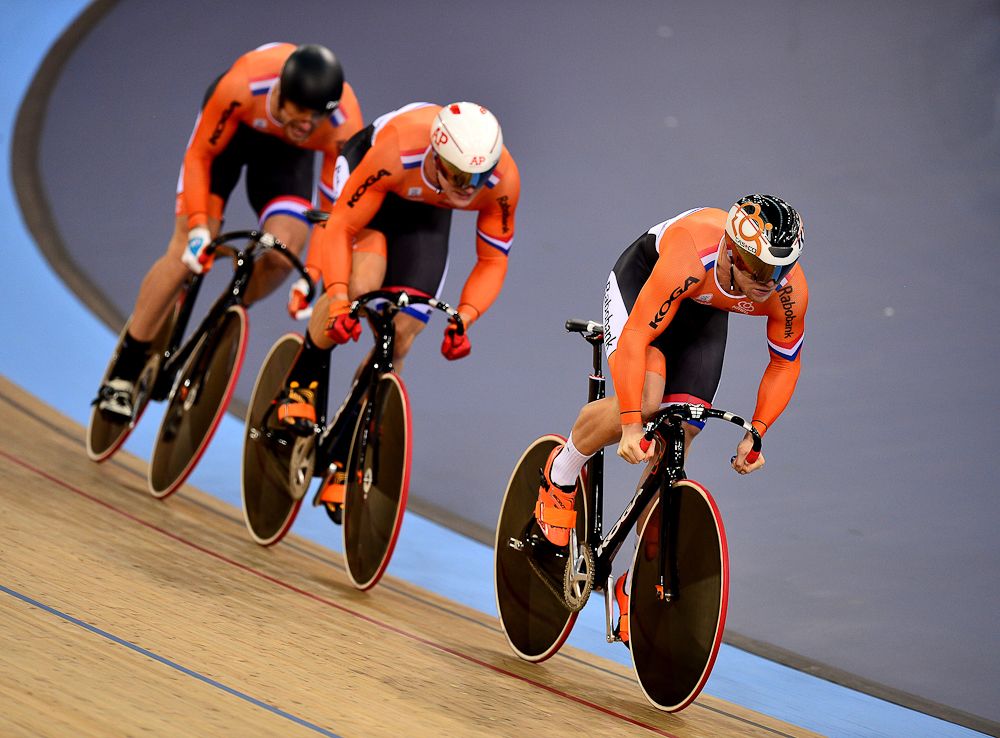 The Dutch team compete in the Men's Team Sprint qualification round during the UCI Track Cycling World Championships
