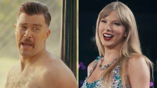 From left to right: Travis kelce screaming while shirtless and covered in honey in Happy Gilmore 2 and Taylor Swift smiling on the Eras Tour.