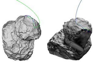 Two trajectory reconstructions of the Philae lander's touchdown on Comet 67P on Nov. 12, 2014.