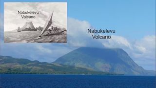 Nabukelevu from the northeast, its top hidden in cloud. Inset: Nabukelevu from the west in 1827 after the drawing by the artist aboard the Astrolabe, the ship of French explorer Dumont d’Urville.