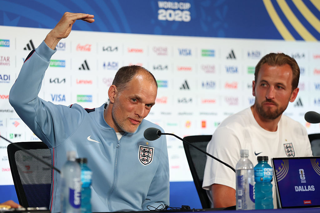 Thomas Tuchel and Harry Kane of England attend the press conference of England one day ahead of the FIFA World Cup 2026 Group L match between England and Croatia at Dallas Stadium