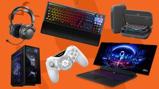 Gaming laptop, keyboard, headset, controller, PC and Switch 2 case on an orange background