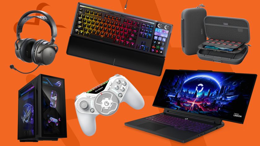 Gaming laptop, keyboard, headset, controller, PC and Switch 2 case on an orange background