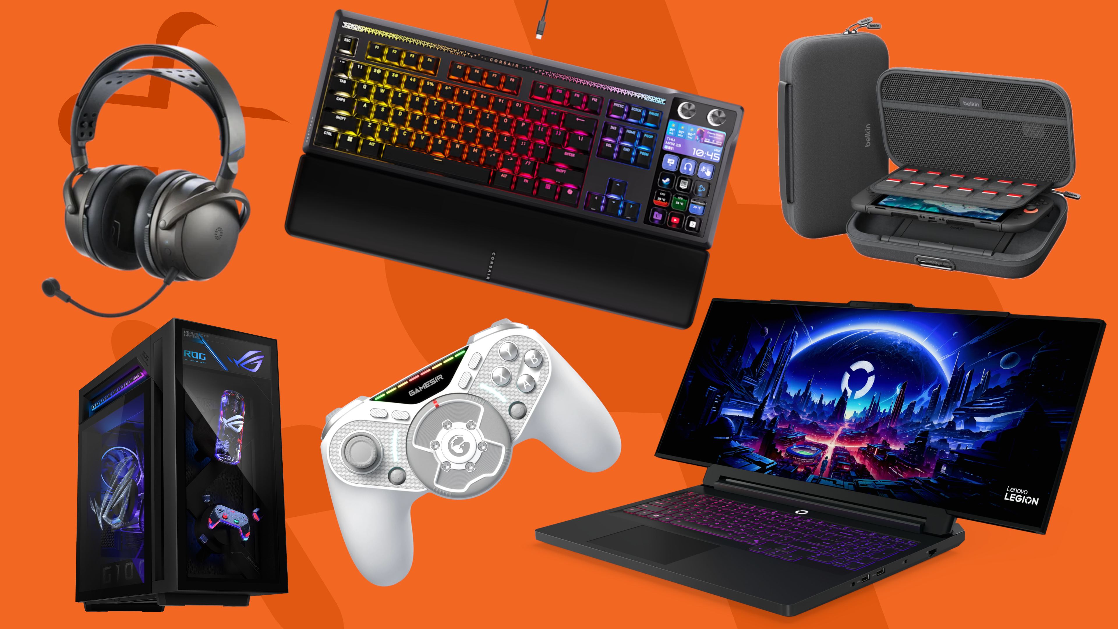 Gaming laptop, keyboard, headset, controller, PC and Switch 2 case on an orange background