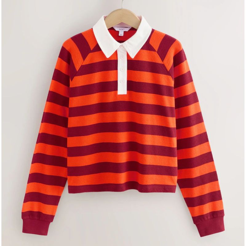 Next , Burgundy Red/Orange Jersey Stripe Rugby Polo Sweatshirt