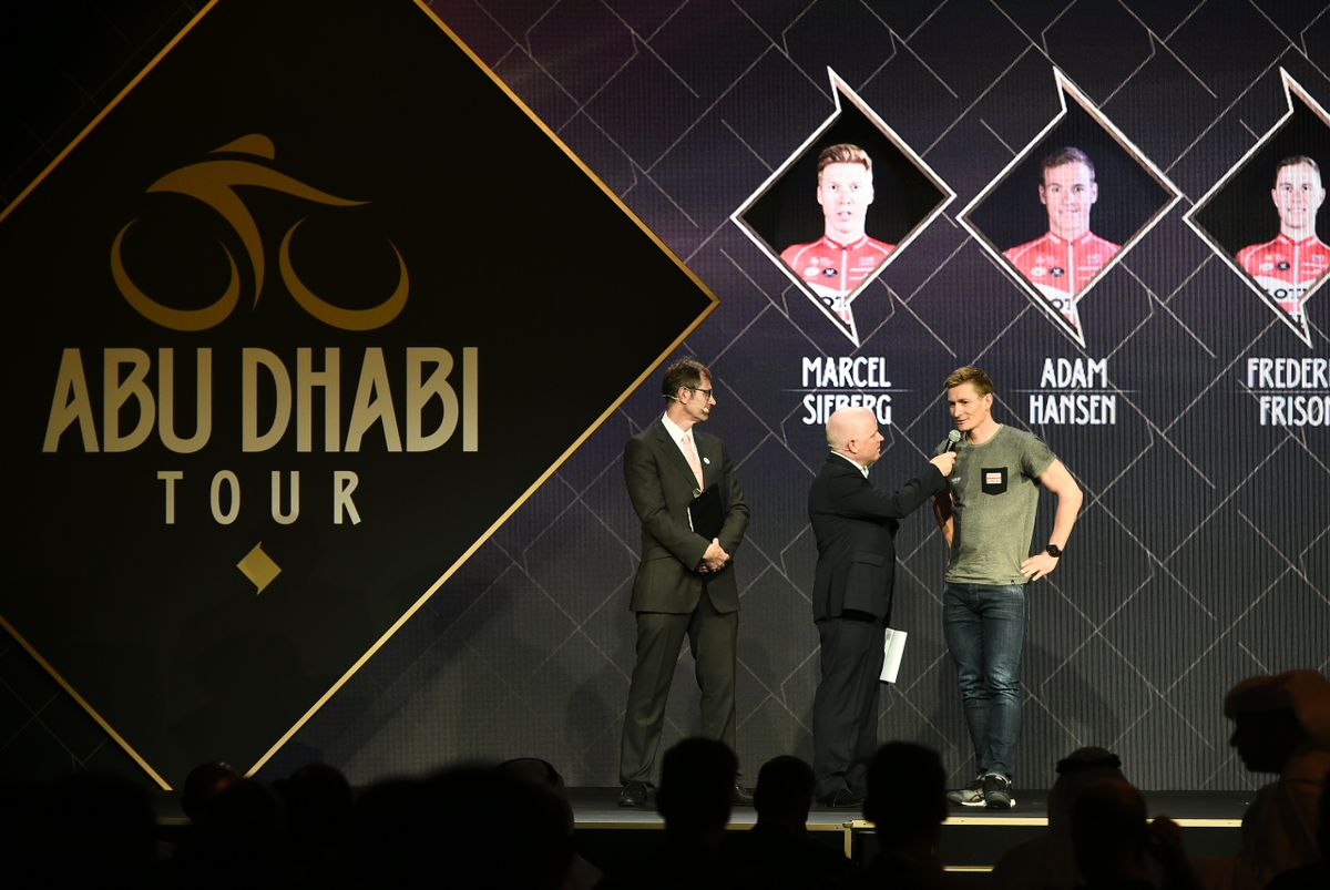 Andre Greipel (Lotto Soudal) is interviewed on stage