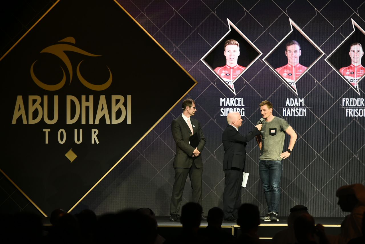 Andre Greipel (Lotto Soudal) is interviewed on stage