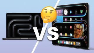 Apple MacBook Pro M4 and iPad Pro M4 on a blue gradient with 'vs' text and a thinking emoji 