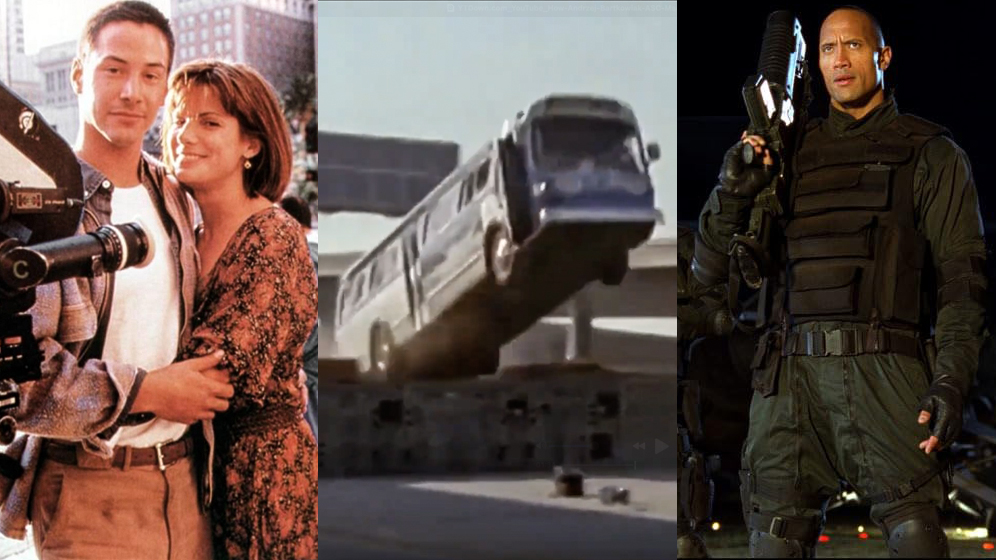 Composite image of Keanu Reeves and Sandra Bullock on the set of Speed with a publicity still of Dwayne Johnson in Doom