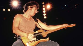 Photo of Bruce Springsteen, performing live onstage on Born In The USA tour, playing Fender Telecaster guitar - photo by Richard E. Aaron/Redferns