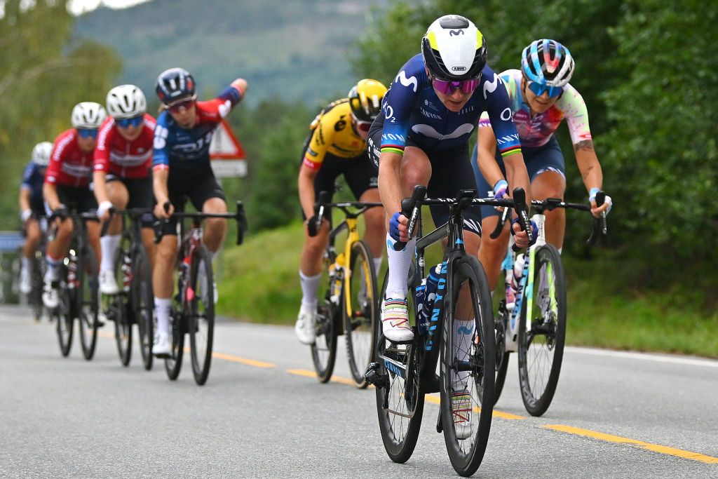NOREFJELL NORWAY AUGUST 24 Annemiek Van Vleuten of The Netherlands and Movistar Team competes during the 9th Tour of Scandinavia 2023 Battle Of The North Stage 2 a 1505km stage from Vikersund to Norefjell 791m UCIWWT on August 24 2023 in Norefjell Norway Photo by Luc ClaessenGetty Images