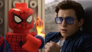 Lego Spider-Man as he appeared in Spider-Man: Across the Spider-Verse, Tom Holland, wearing Tony Stark's glasses, in Spider-Man: Far From Home. 