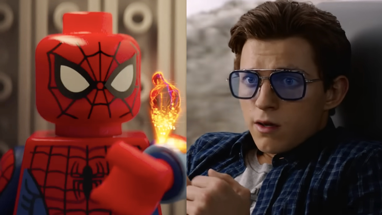 Lego Spider-Man as he appeared in Spider-Man: Across the Spider-Verse, Tom Holland, wearing Tony Stark&#039;s glasses, in Spider-Man: Far From Home. 