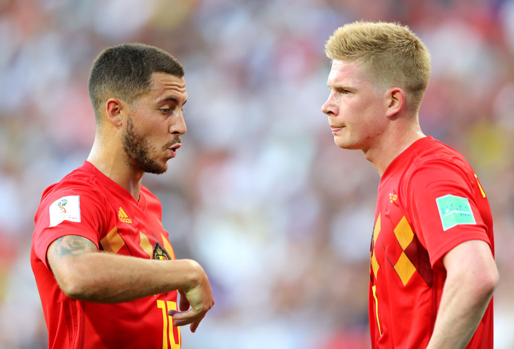 SOCHI, RUSSIA - JUNE 18: Eden Hazard of Belgium talks to team mate Kevin De Bruyne during the 2018 FIFA World Cup Russia group G match between Belgium and Panama at Fisht Stadium on June 18, 2018 in Sochi, Russia. (Photo by Richard Heathcote/Getty Images)