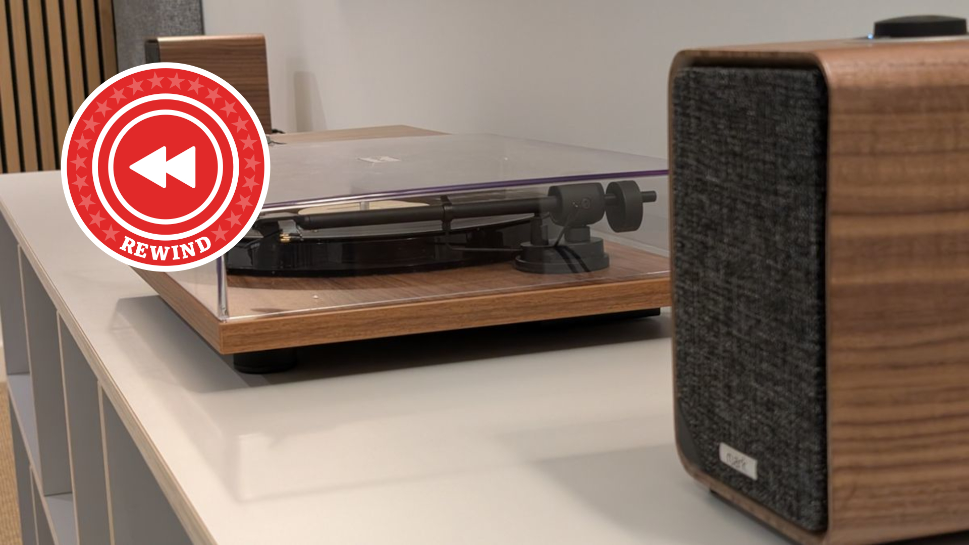Ruark Audio MR1 MK3 speakers on table with Rewind logo