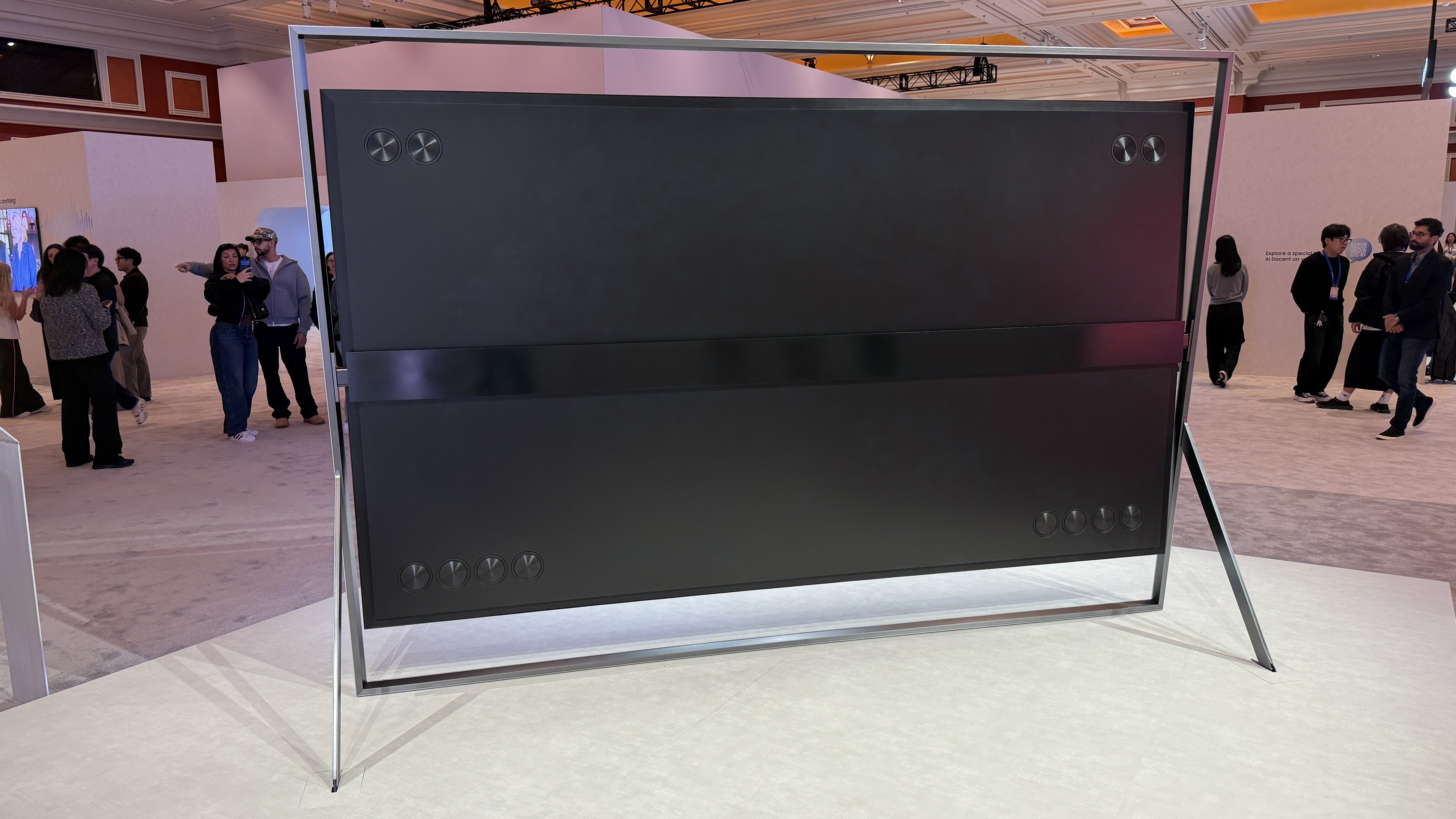 Samsung's Micro RGB TV at CES 2026, showing bass units on the rear