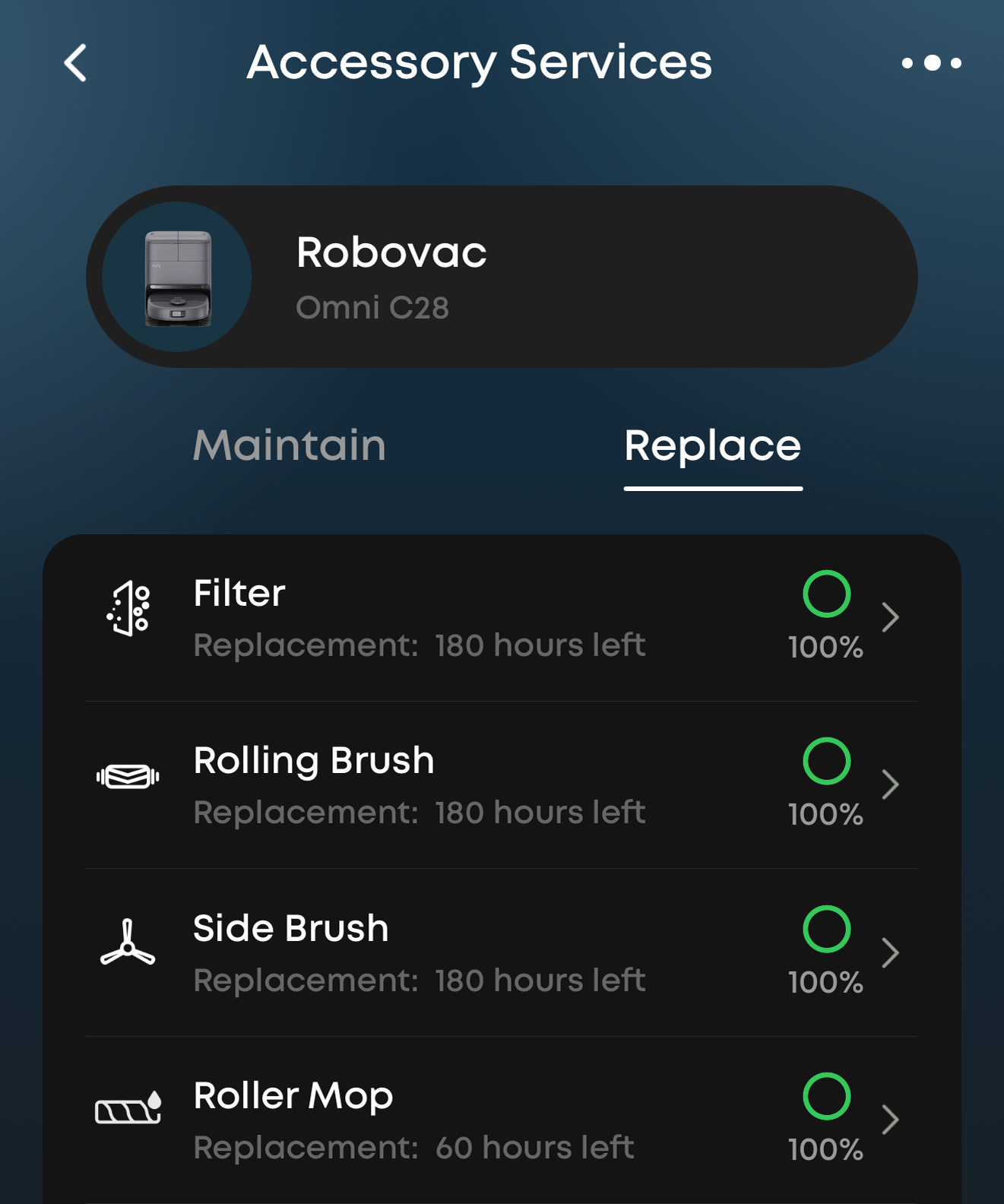 eufy Omni C28 app accessory status page showing filter, brush and mop lifespan remaining