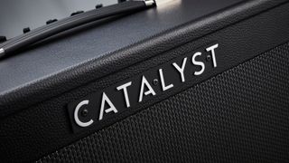 Close up of the logo on a Line 6 Catalyst modeling amp