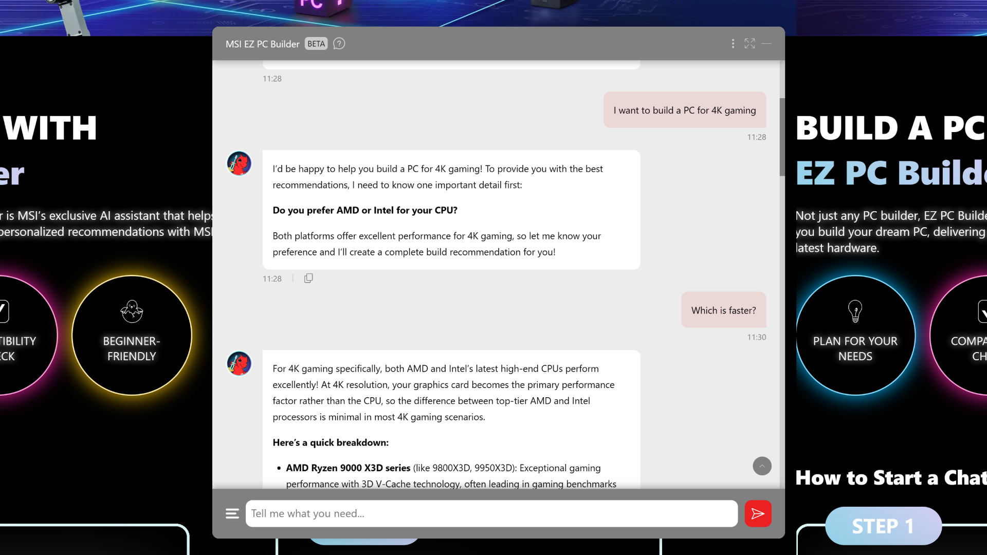 A screenshot of the chat dialog for MSI EZ PC Builder, showing it answering a questions about building 4K gaming PCs