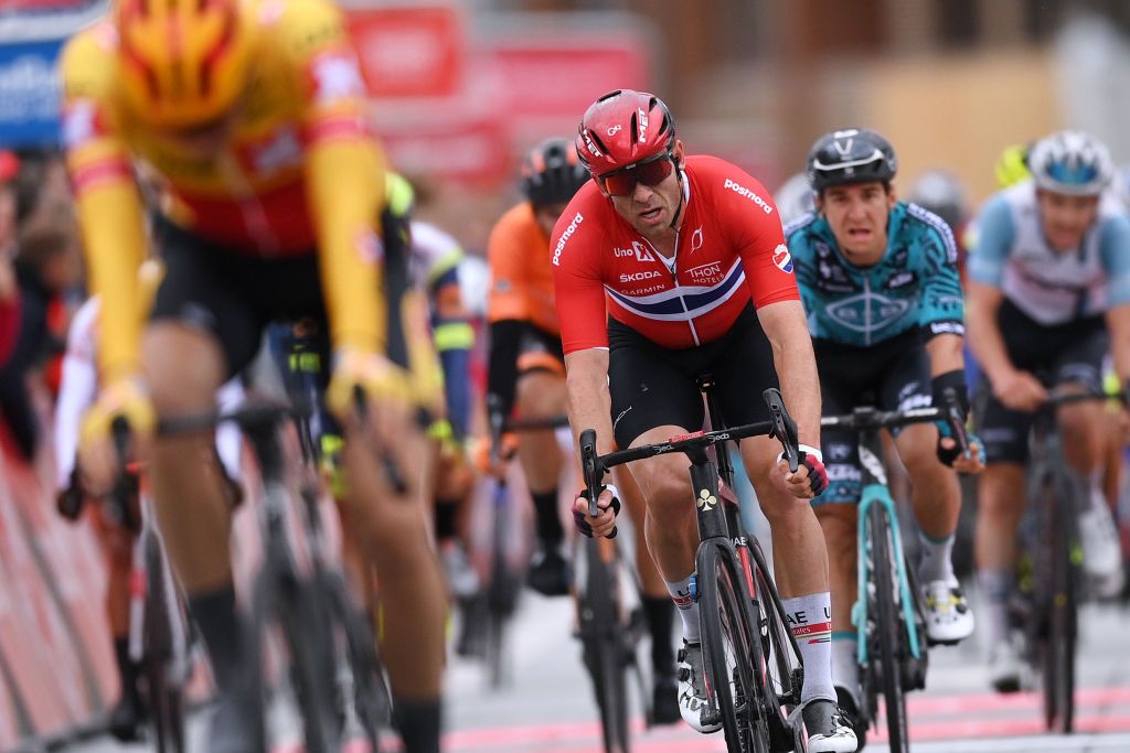 TROMSO NORWAY AUGUST 05 Alexander Kristoff of Norway and Team Norway at finish line during the 8th Arctic Race Of Norway 2021 Stage 1 a 1425km stage from Troms to Troms ArcticRace on August 05 2021 in Tromso Norway Photo by Stuart FranklinGetty Images