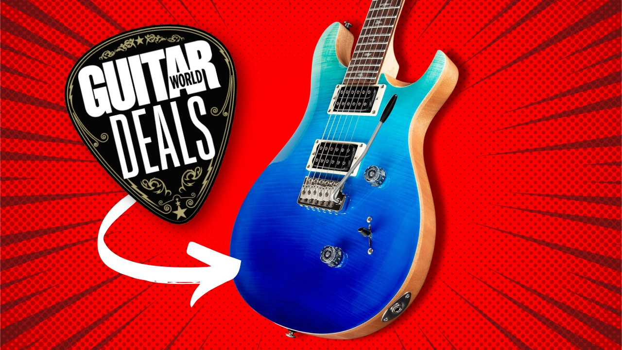 A PRS SE Custom 24 electric guitar on a red background