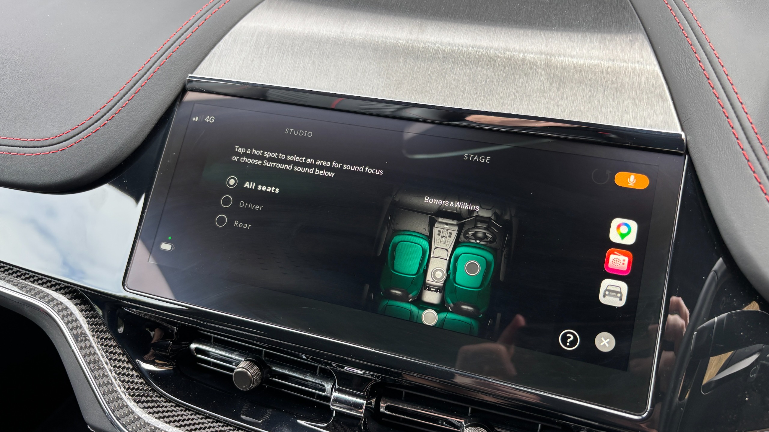 The infotainment display for an Aston Martin DBX S showing the sound modes