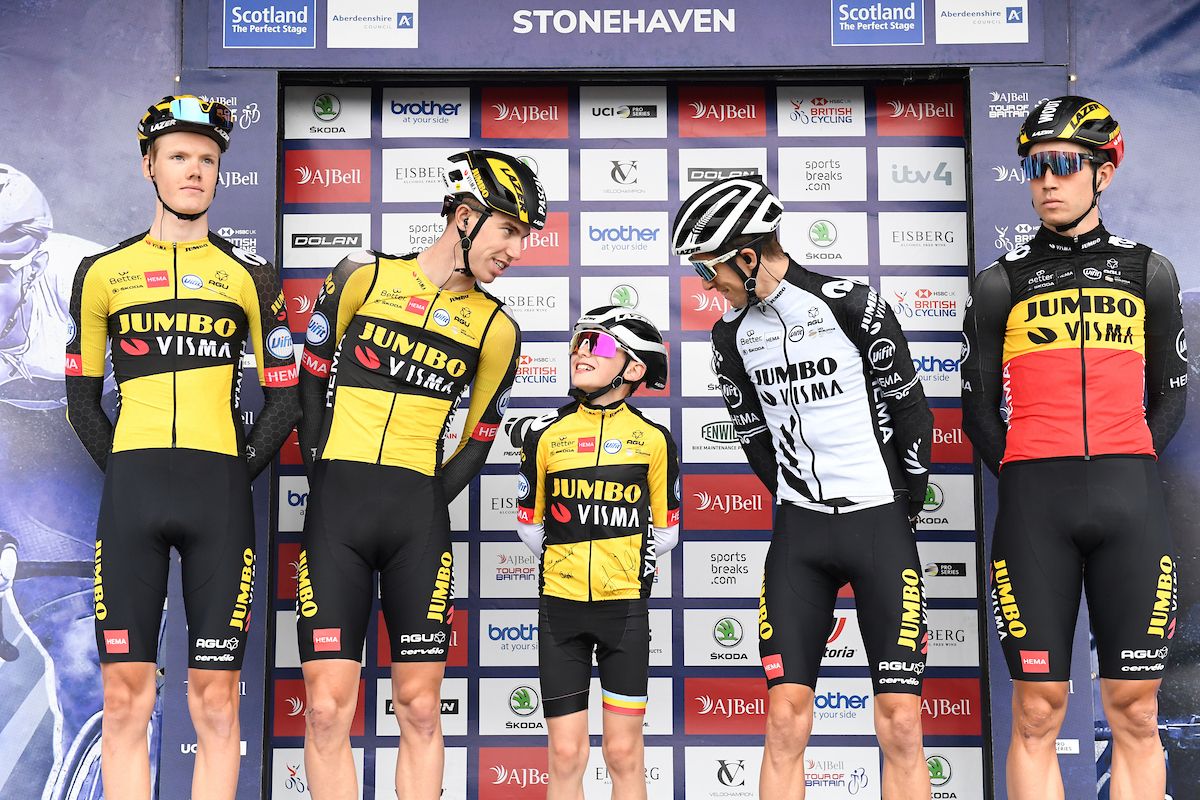 Picture by SWpix.com - 121/09/2021 - Cycling - AJ Bell Tour of Britain Stage 8 - Stonehaven to Aberdeen, Scotland - Jumbo Visma's Gijs Leemreize, Pascal Eenkhoorn, Xander Graham (12) from Edinburgh, George Bennett &amp; Wout van Aert prior to the start of the final stage of the Tour of Britain.