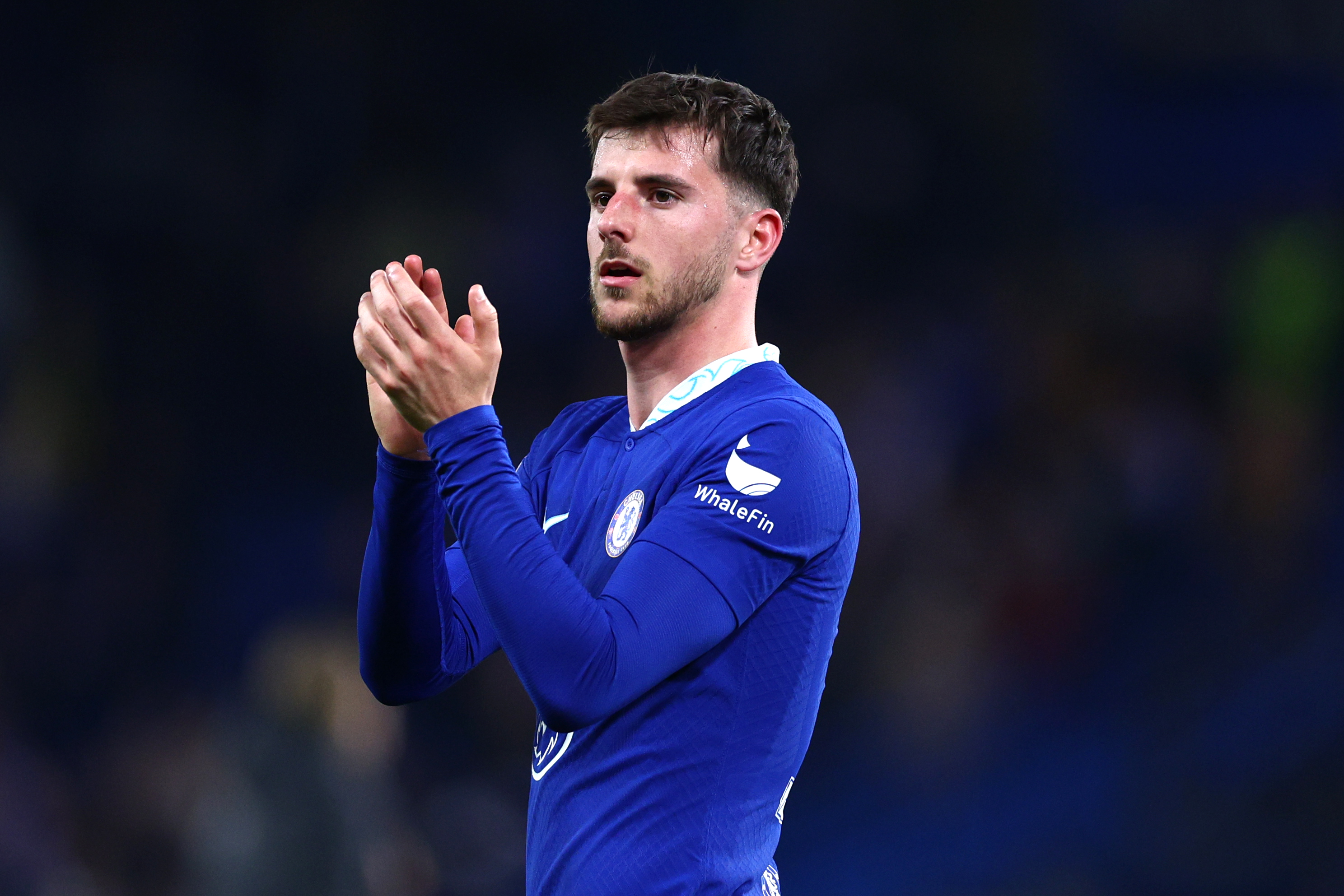 Chelsea midfielder Mason Mount applauds the fans after the Blues' defeat to Real Madrid in the Champions League in April 2023.