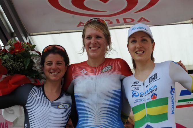 Giro Rosa stage 8 podium (L-R): Evelyn Stevens, Eleonora Van Dijk and Shara Gillow