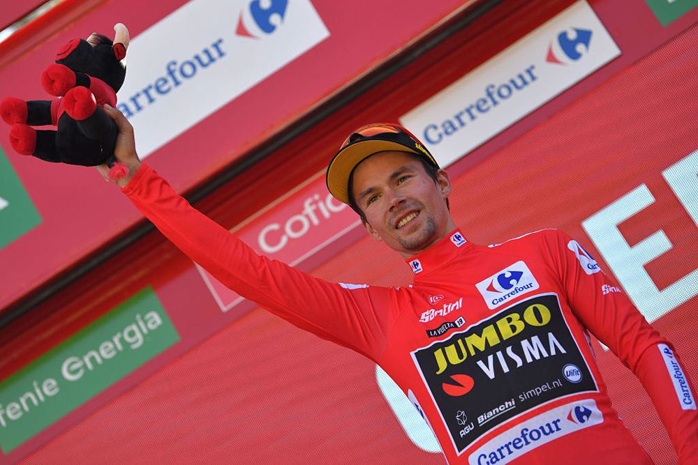 Primoz Roglic (Jumbo-Visma) wears the red leader's jersey at the Vuelta a Espana