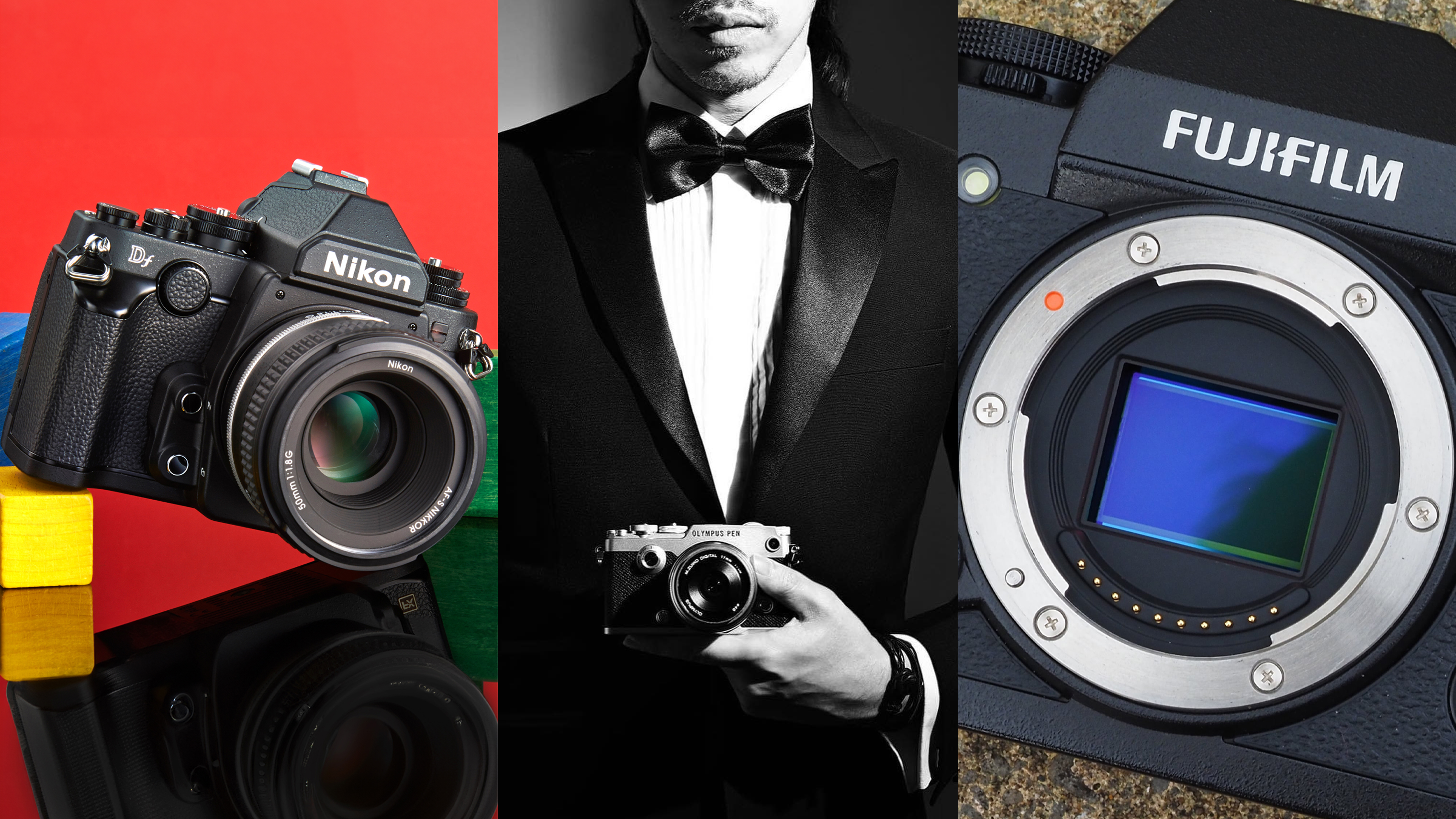 Image depicting the Nikon Df, Olympus PEN-F and Fujifilm X-T1 