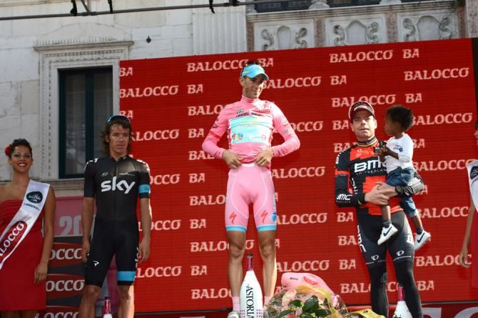 Final GC podium of the 2013 Giro (L-R): Rigoberto Uran, Vincenzo Nibali and Cadel Evans