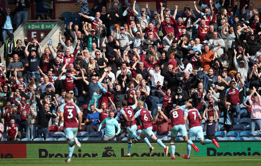 Chris Wood celebrates with his team-mates after scoring for Burnley against Leeds United in August 2021.