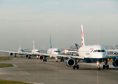 Airplanes queuing for takeoff.