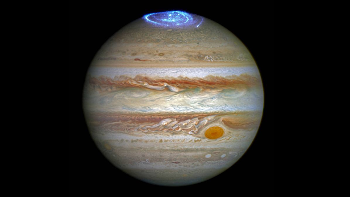 A composite image of auroras on Jupiter, taken using the Hubble Space Telescope&#039;s Imaging Spectrograph.